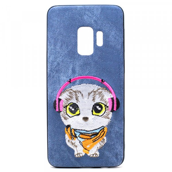 Wholesale Galaxy S9 Design Cloth Stitch Hybrid Case (Blue Cat)